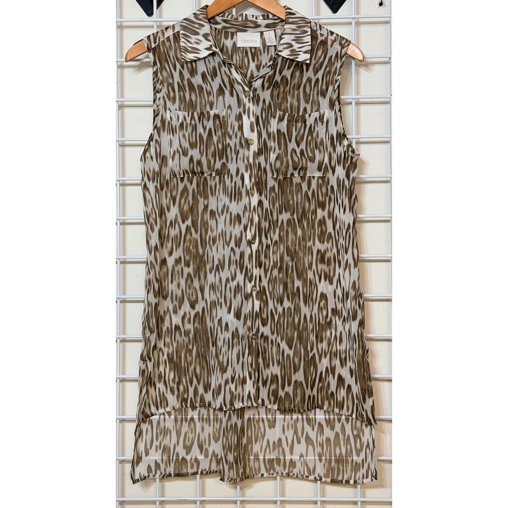 Chicos Animal Leopard Print Sleeveless high‎ low hem Sheer Tunic  size 1(U.S.8)